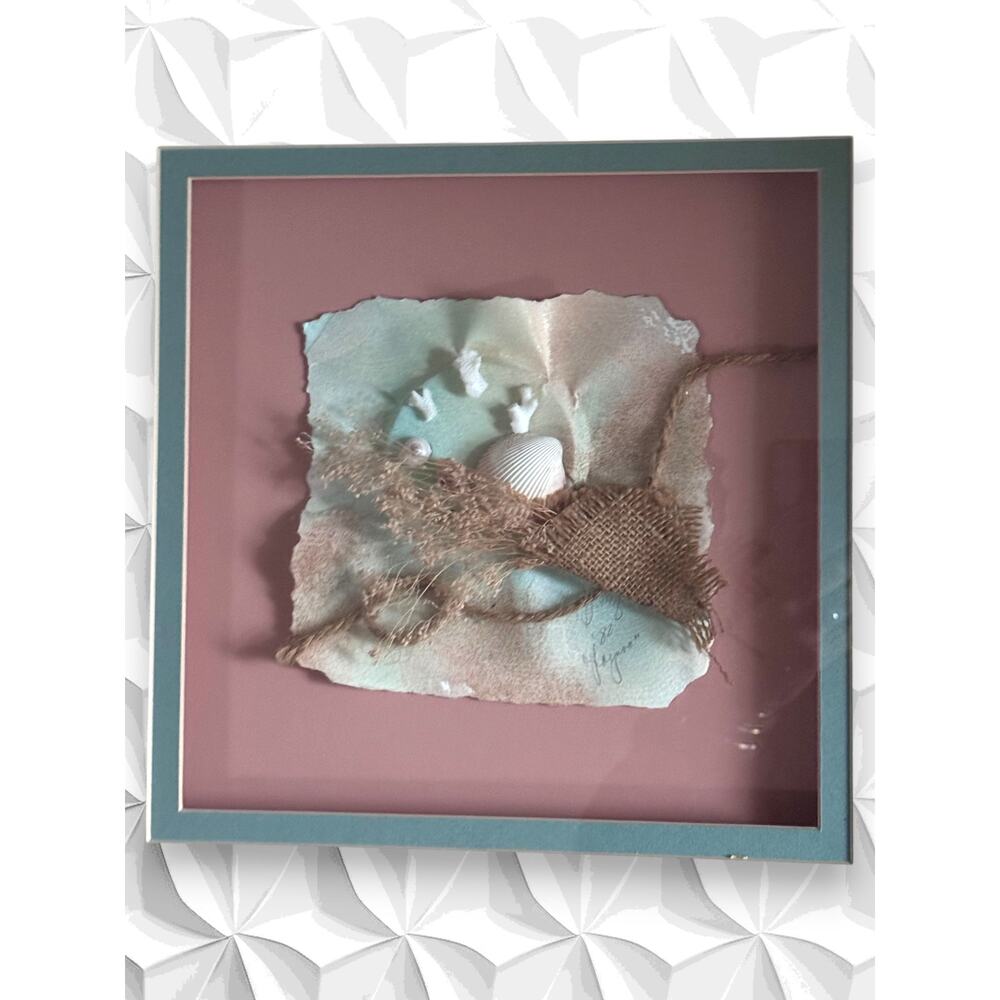 Vintage 1980s Mixed Media Seashell Shadowbox Art Signed 17x17 Wood Frame Beach